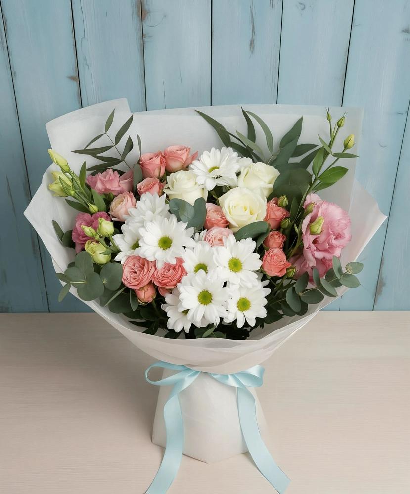Букет цветов из: Розы, Лизиантусы и Хризантемы в Леонихе