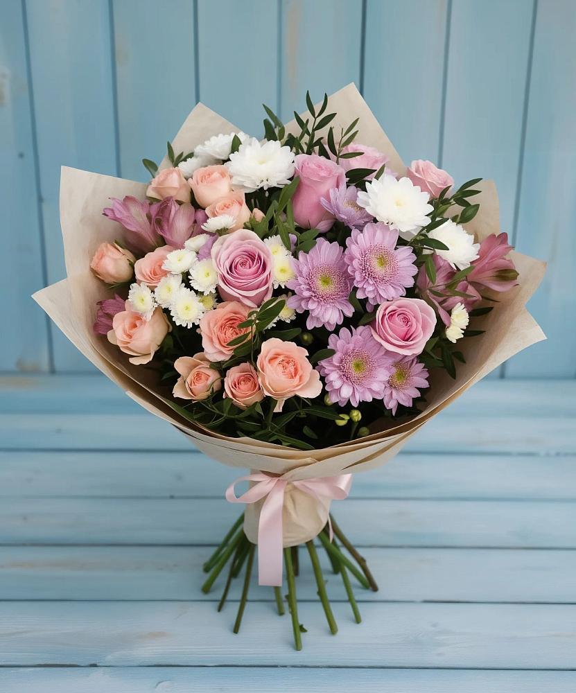 Букет цветов из: Хризантемы, Розы и Альстромерии в Леонихе