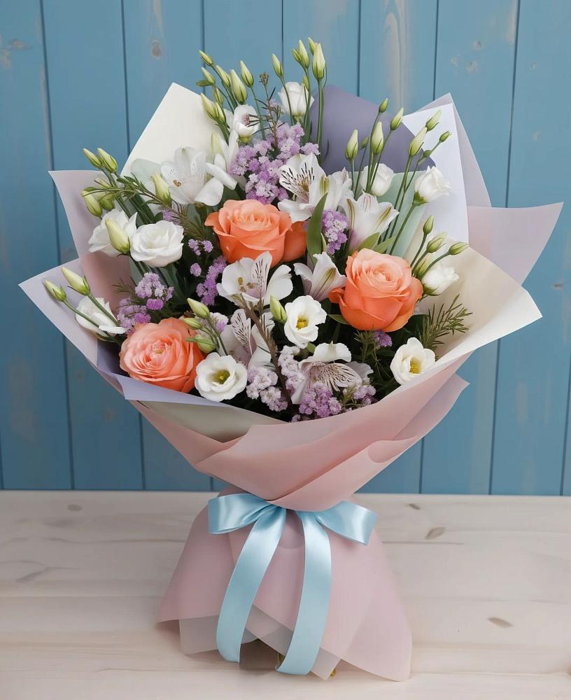 Букет цветов из: Лизиантусы, Розы, Альстромерии и Гипсофила в Леонихе