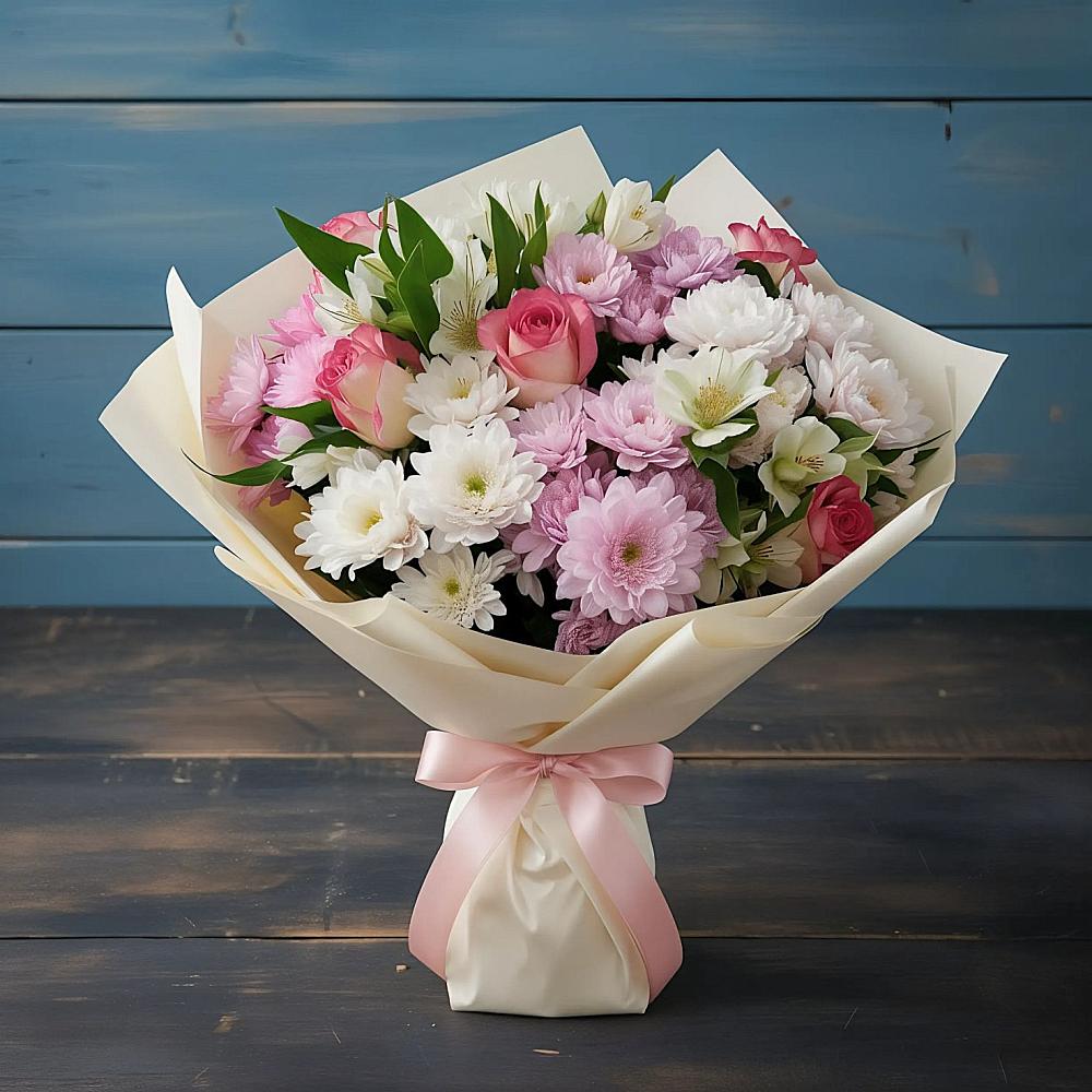 Букет цветов из: Хризантемы, Альстромерии и Розы в Леонихе